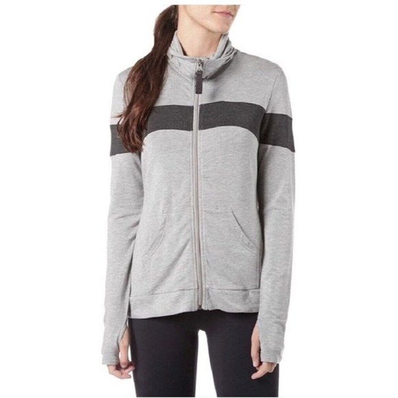 Te Verde Womens Yoga Track Jacket Gray Heathered Color Block Stretch Thumbhole S - Picture 1 of 9